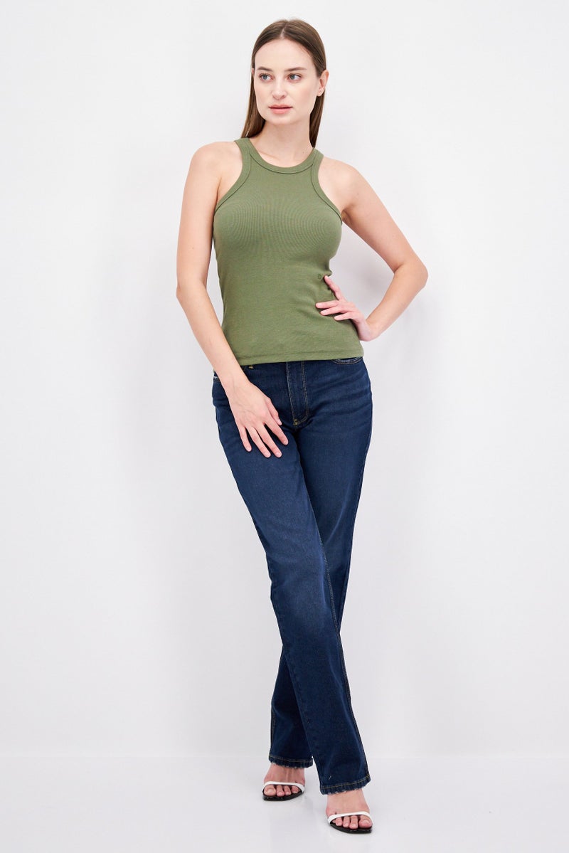 Women Crew Neck Short Sleeve Textured Top, Green