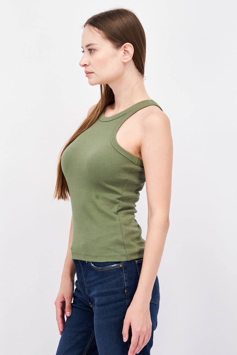 Women Crew Neck Short Sleeve Textured Top, Green