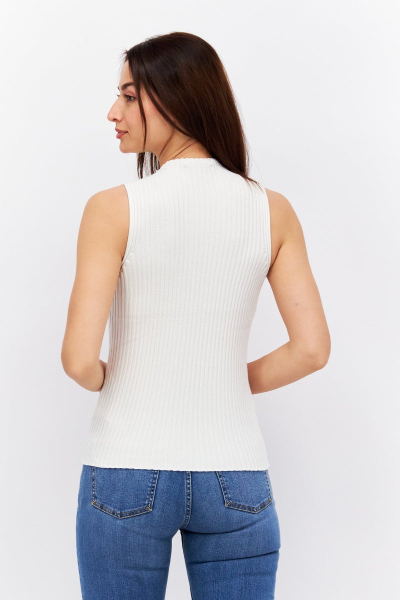 Women Mock Neck Sleeveless Textured Top, White