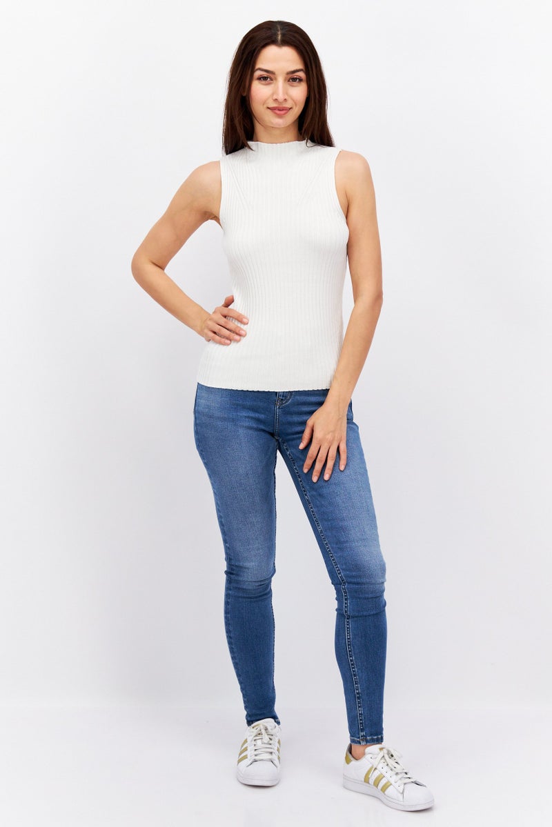 Women Mock Neck Sleeveless Textured Top, White