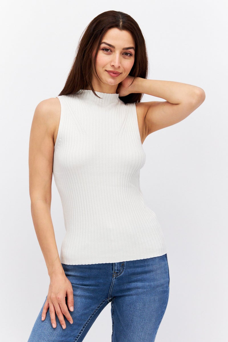 Women Mock Neck Sleeveless Textured Top, White