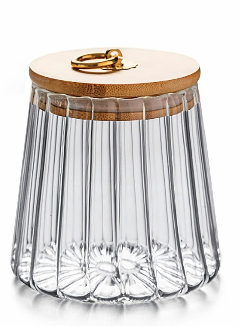 Glass Coffee Nuts Canister Airtight Storage Jar Petal Decorative Container with Bamboo Lid Metal Handle Easy to Grasp 650ml