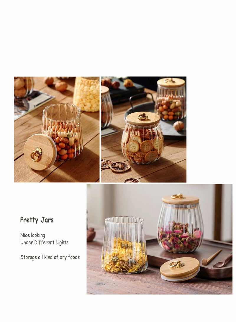 Glass Coffee Nuts Canister Airtight Storage Jar Petal Decorative Container with Bamboo Lid Metal Handle Easy to Grasp 650ml