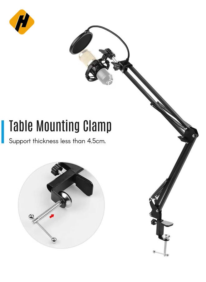 Microphone Stand,Adjustable Foldable Microphone Stand Heaby Duty Metal Mic Arm Bracket with Shock Proof Holder Windshield Pop Filter for Studio Recording Live Video Broadcasting Online Singing