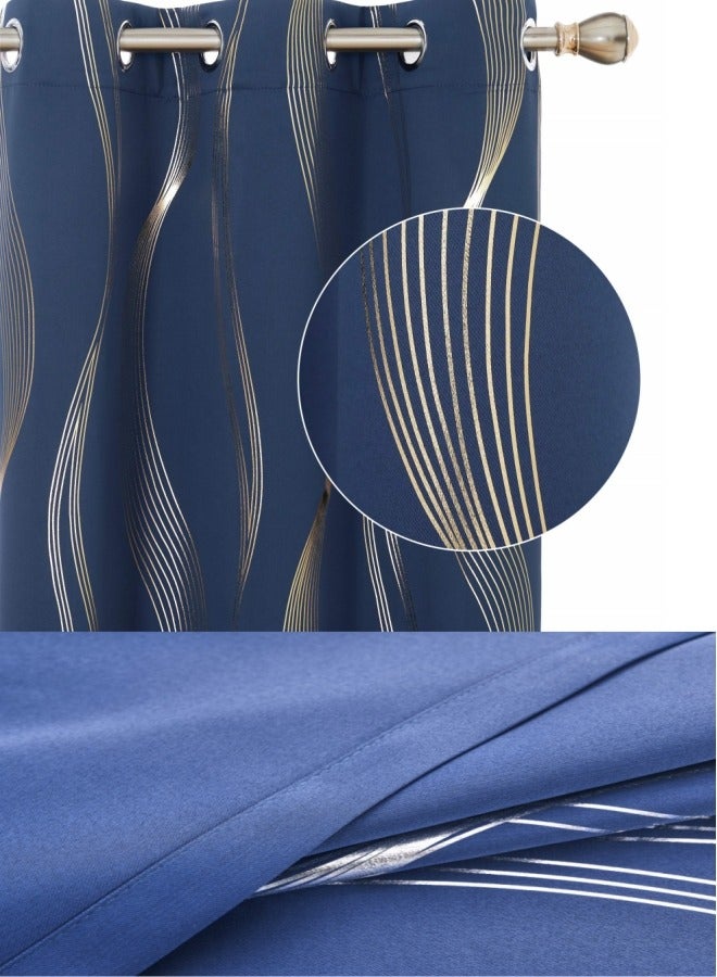 Blackout Curtains, Decorative Silver Thread Foil Blackout Curtains, Thermal Insulated Room Darkening Curtains for Bedroom Living Room 100*250cm Navy Blue