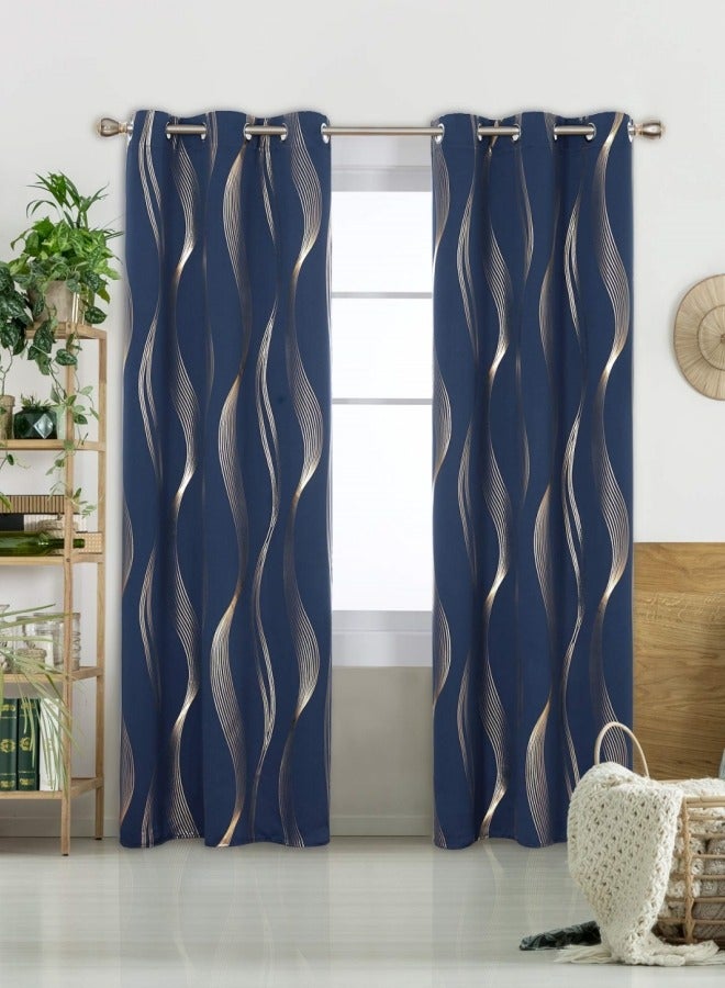 Blackout Curtains, Decorative Silver Thread Foil Blackout Curtains, Thermal Insulated Room Darkening Curtains for Bedroom Living Room 100*250cm Navy Blue