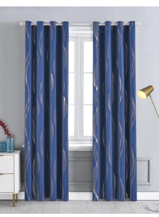 Blackout Curtains, Decorative Silver Thread Foil Blackout Curtains, Thermal Insulated Room Darkening Curtains for Bedroom Living Room 100*250cm Navy Blue