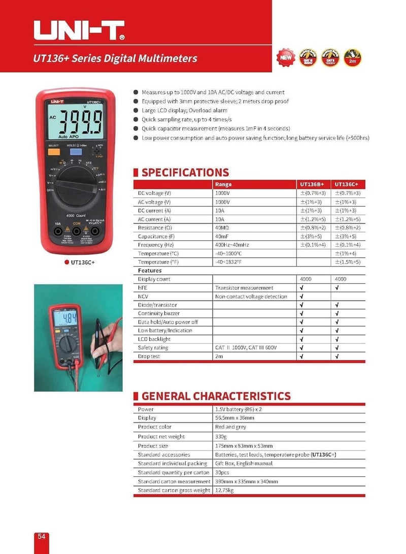 Uni-T UT136C+ 1000V AC/DC Innovative Industrial Digital Multimeter