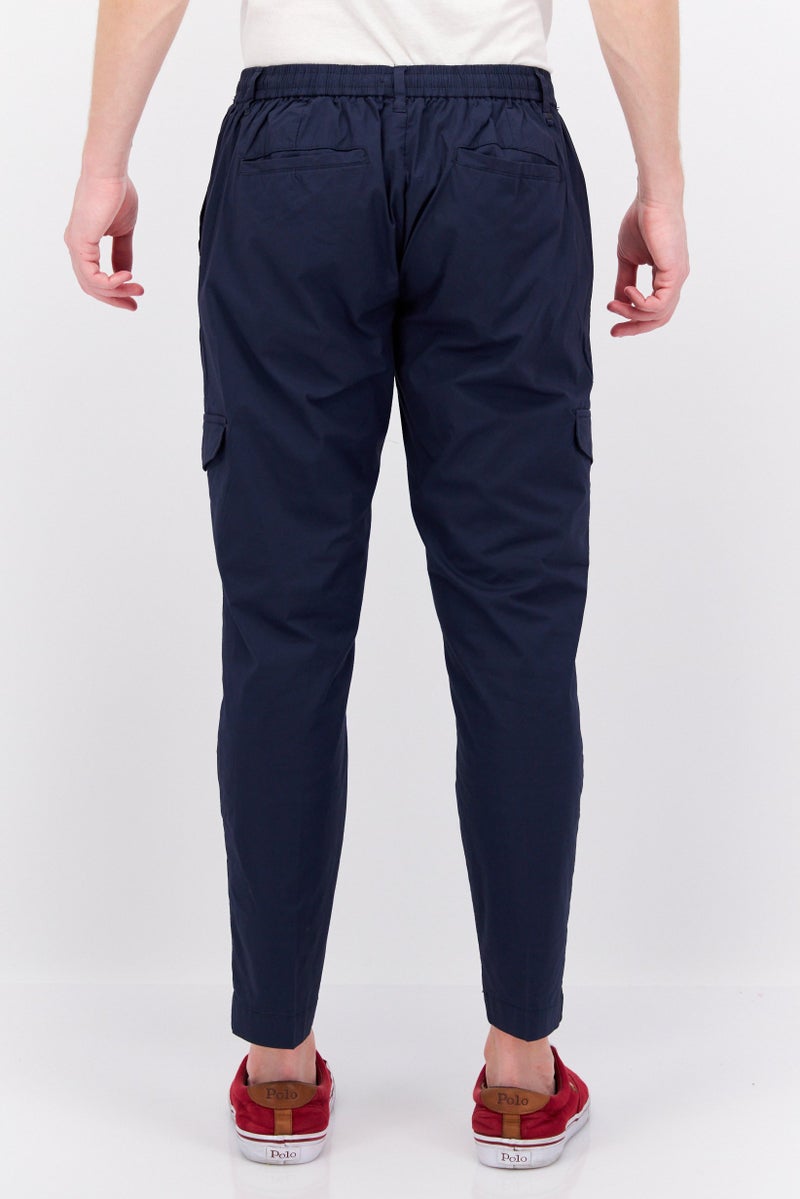 Men Regular Fit Solid Stretchable Cargo Pants, Navy