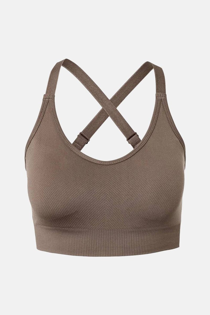 Women Ribbed Seamless Padded Sports Bra, Brown