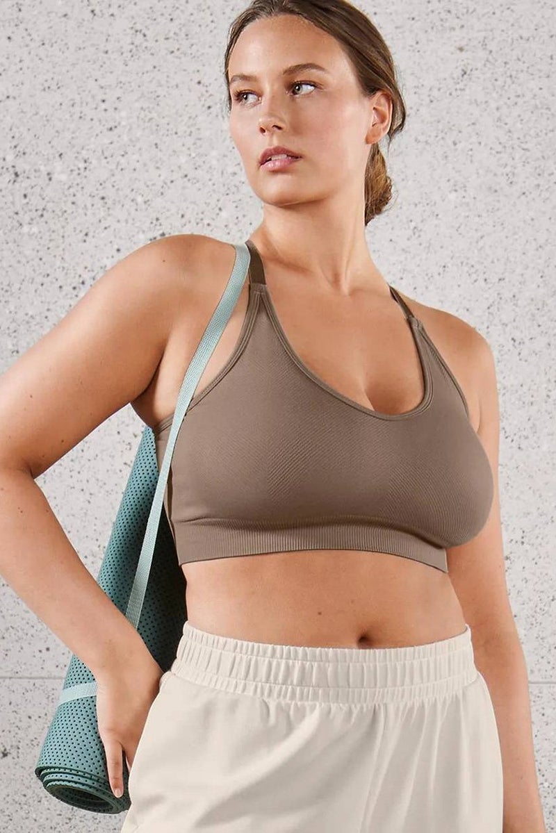 Women Ribbed Seamless Padded Sports Bra, Brown