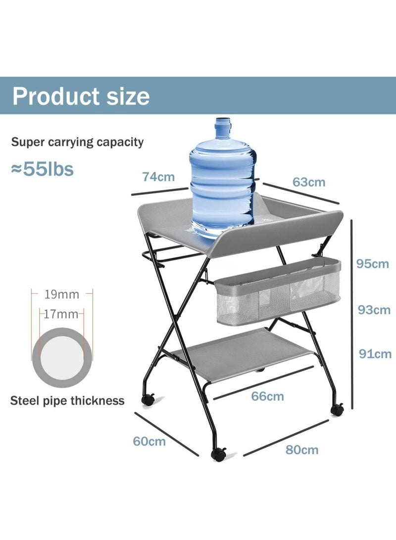 Baby Changing Table,Foldable, Portable,With Wheels, Height Can Be Adjusted In Three Steps,Waterproof Diaper Changing Table Pad Topper