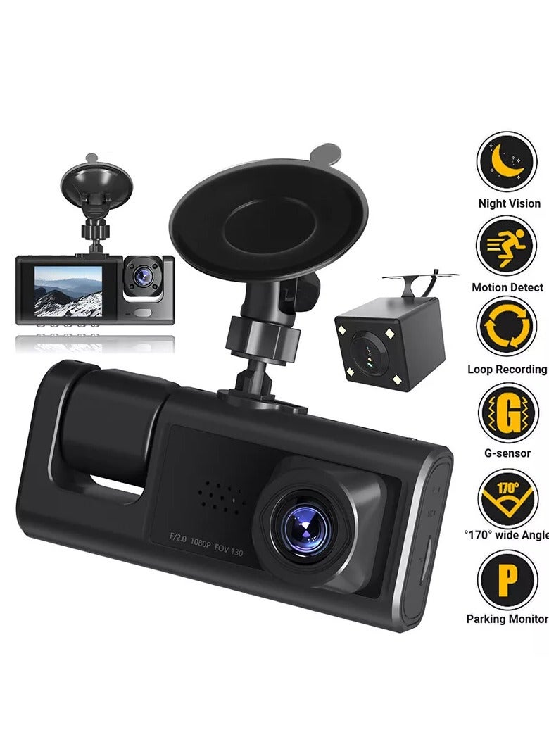 3 Camera Lens Car DVR 3-Channel Dash Cam HD 1080P Dash Camera Dual Lens Dashcam Video Recorder Black Box 24H Parking Monitoring