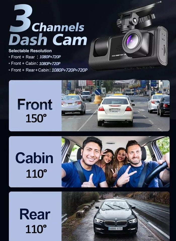 3 Camera Lens Car DVR 3-Channel Dash Cam HD 1080P Dash Camera Dual Lens Dashcam Video Recorder Black Box 24H Parking Monitoring