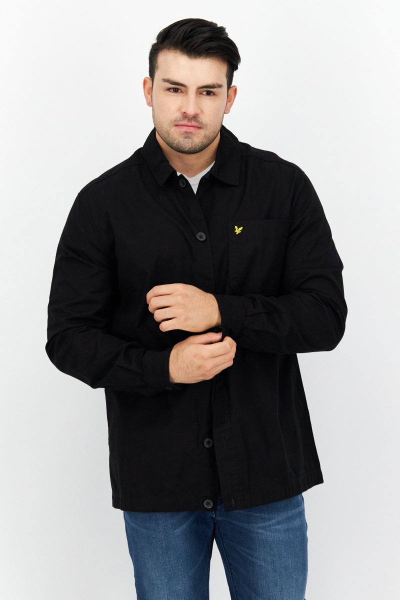 Men Pointed Collar Long Sleeve Printed Casual Shirt, Black