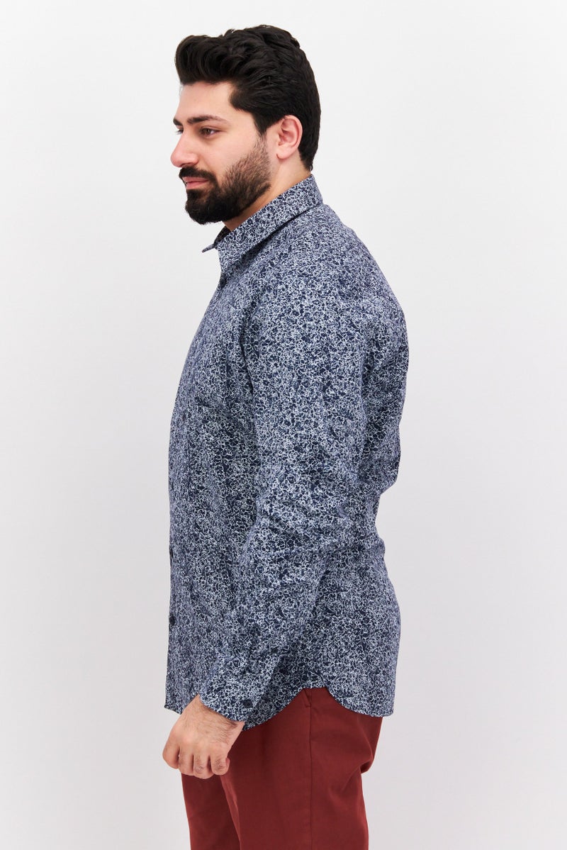 Men Slim Fit Allover Print Long Sleeve Casual Shirt, Navy