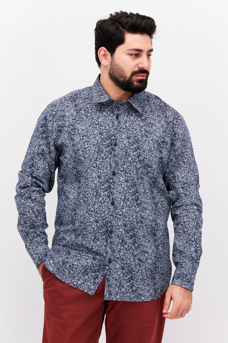 Men Slim Fit Allover Print Long Sleeve Casual Shirt, Navy