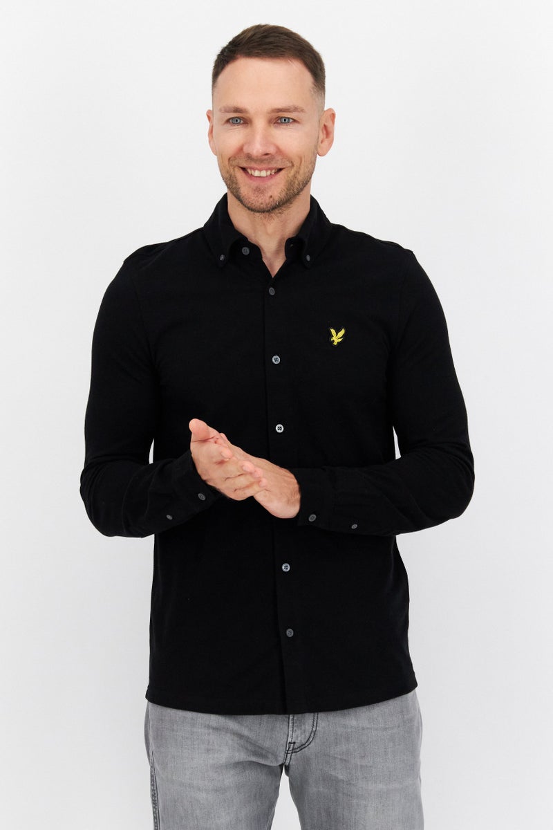 Men Pointed Collar Long Sleeve Printed Casual Shirt, Black
