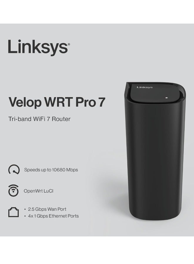 Velop WRT Pro 7 WiFi 7 Router TriBand BE11000 - Open WRT for Developer, LuCI Interface, 1.5GHz Quad Core Processor, Easy Set-up, up to 2,700 sq.ft. 200 Devices - 1x Router Black