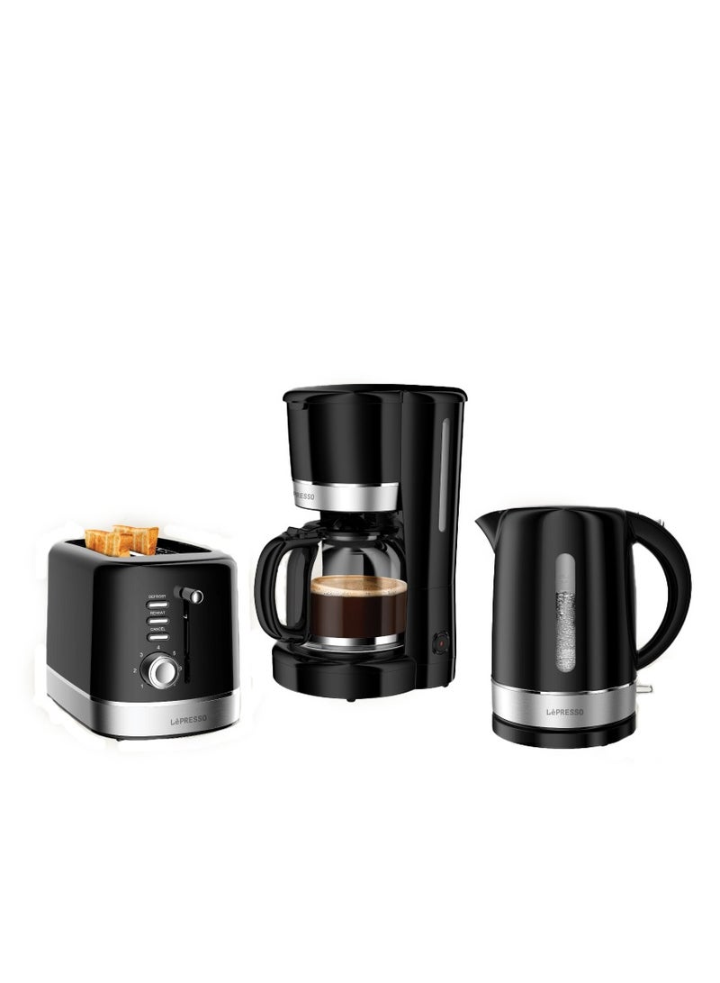 3 in 1 Breakfast Set with 1.7L Kettle and 2 slice Toaster and 1.5L Drip Coffee Machine and Coffee Maker- Black