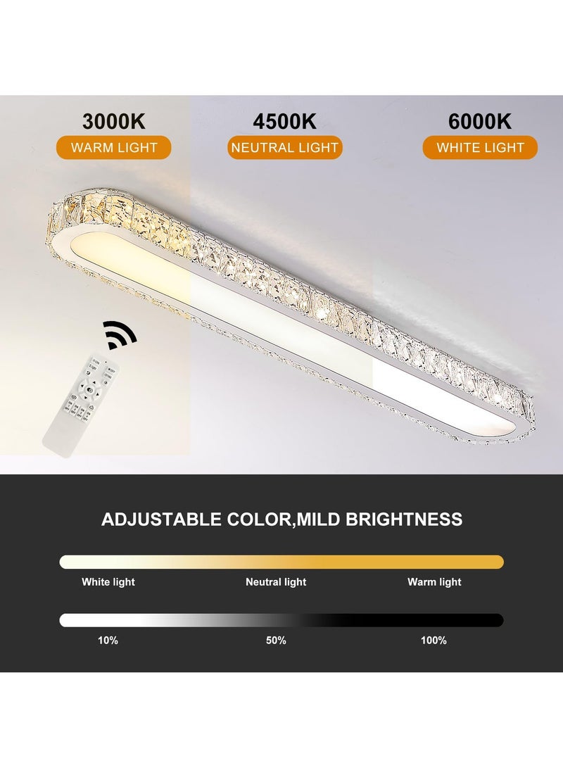 Dimmable LED Crystal Ceiling Light 39'' Kitchen Lighting Fixtures Ceiling Modern Luxury Crystal Ceiling Light with Remote Chrome Long Ceiling Light Fixture for Kitchen Dining Room Hallway,48W