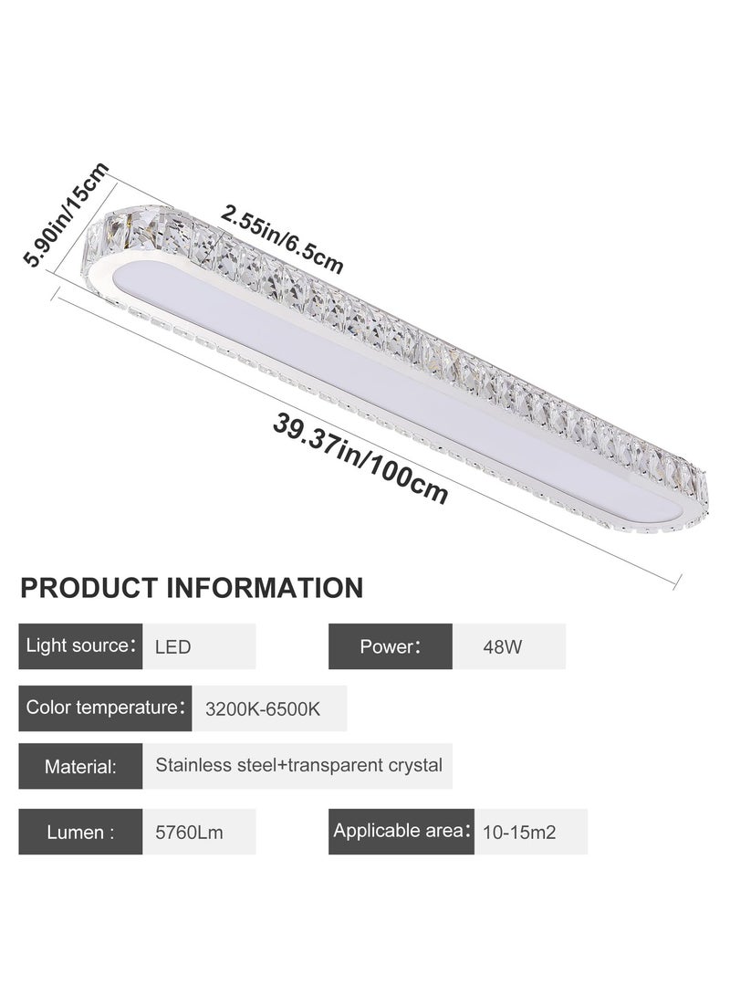 Dimmable LED Crystal Ceiling Light 39'' Kitchen Lighting Fixtures Ceiling Modern Luxury Crystal Ceiling Light with Remote Chrome Long Ceiling Light Fixture for Kitchen Dining Room Hallway,48W