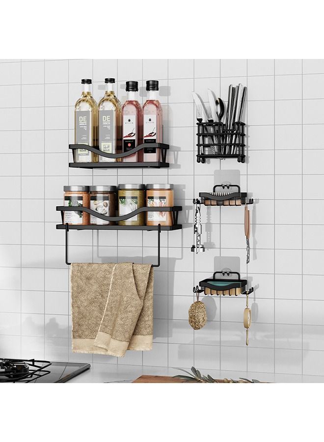 5-Piece Wall-Mounted Shower Organizer Strong Adhesive Shower Organizer Shelf with Hooks Rustproof Wall-Mounted Shower Shelves for Bathroom Kitchen