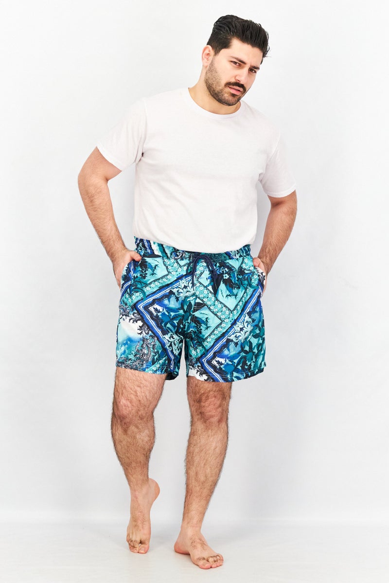 Men Toni Patch Print Board Shorts, Green/Blue