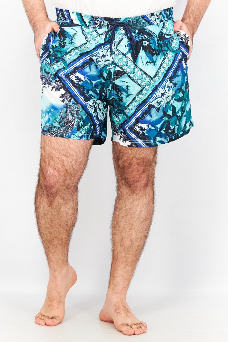 Men Toni Patch Print Board Shorts, Green/Blue