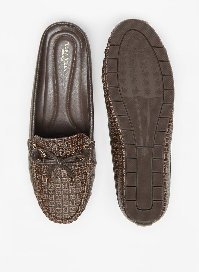 Logo Print Slip On Mules with Wedge Heels and Bow Accent