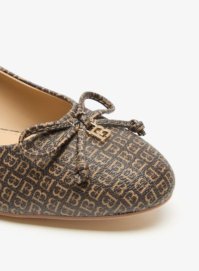 Monogram Print Slip On Shoes with Block Heels and Bow Accent