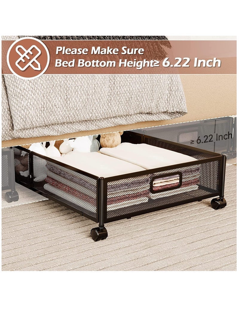 Under Bed Storage, Under Bed Storage Containers with Wheels and Handles, Foldable Heavy Duty Metal Under Bed Shoe Storage Organizer, Under Bed Storage Drawer for Clothes, Toy (Black-2 Pack)