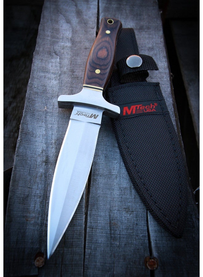 Mtech Usa – Fixed Blade Knife – Satin Finish Stainless Steel Blade, Brown Wood Handle With Stainless Steel Bolster, Includes Nylon Sheath - Hunting, Camping, Survival, Tactical – Mt-20-03