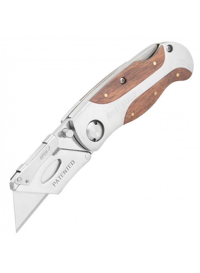 Sheffield 12115 Ultimate Lock Back Utility Knife, Folding, Box Cutter Knife, Carpet Knife, Drywall Cutter, And More, Quick-Change Blade, Back Lock Design, Aluminum And Wood Handle