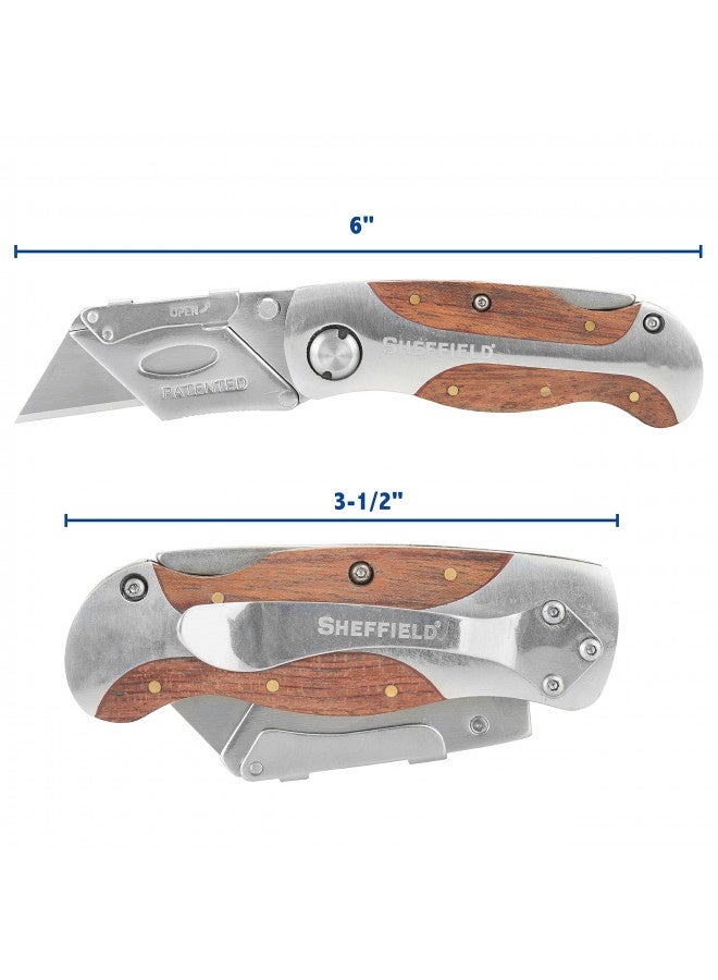 Sheffield 12115 Ultimate Lock Back Utility Knife, Folding, Box Cutter Knife, Carpet Knife, Drywall Cutter, And More, Quick-Change Blade, Back Lock Design, Aluminum And Wood Handle