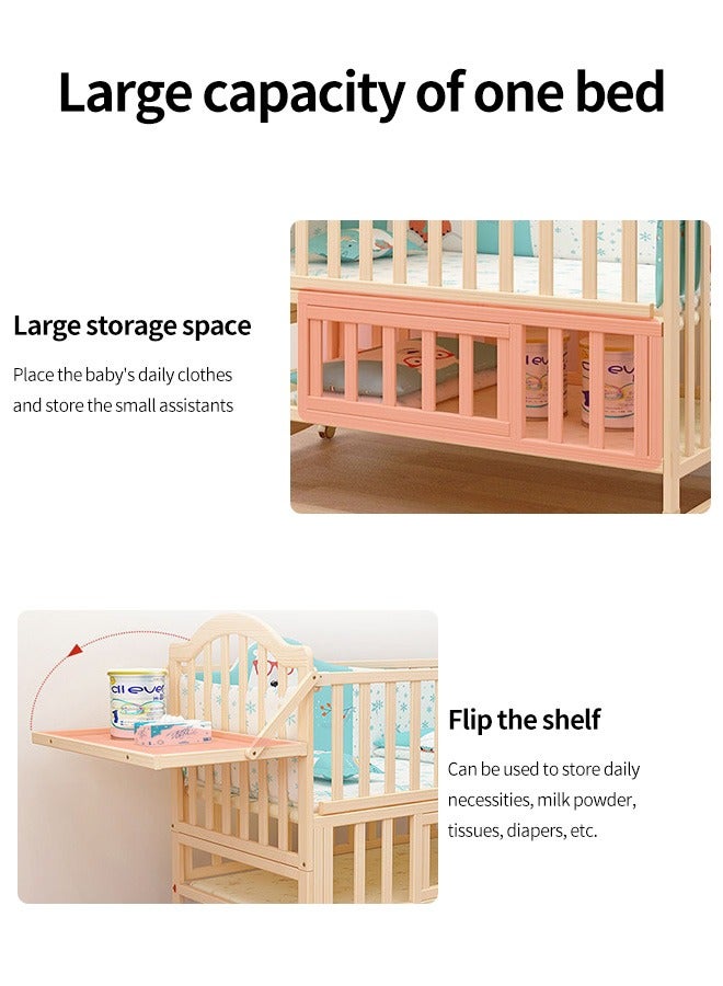 Multifunctional Baby Bed Wood Baby Bedside Crib with Foldable Storage Board