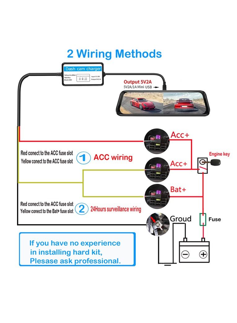 Dash Cam Hardwire Kit Mini USB Hard Wire Kit Fuse for Dashcam and 8 Fuse Tap Cable and Installation Tool 11.5ft 12V-30V to 5V/2A Mini-USB Port Charger Power Cord