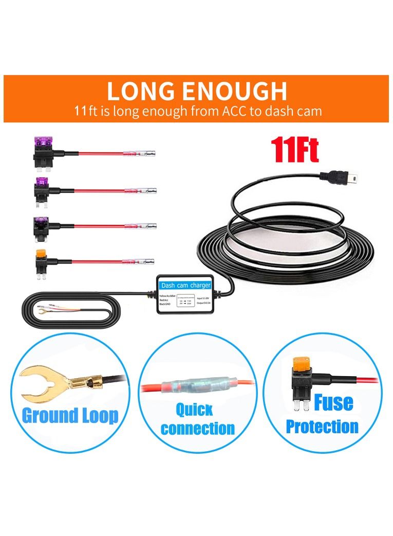 Dash Cam Hardwire Kit Mini USB Hard Wire Kit Fuse for Dashcam and 8 Fuse Tap Cable and Installation Tool 11.5ft 12V-30V to 5V/2A Mini-USB Port Charger Power Cord