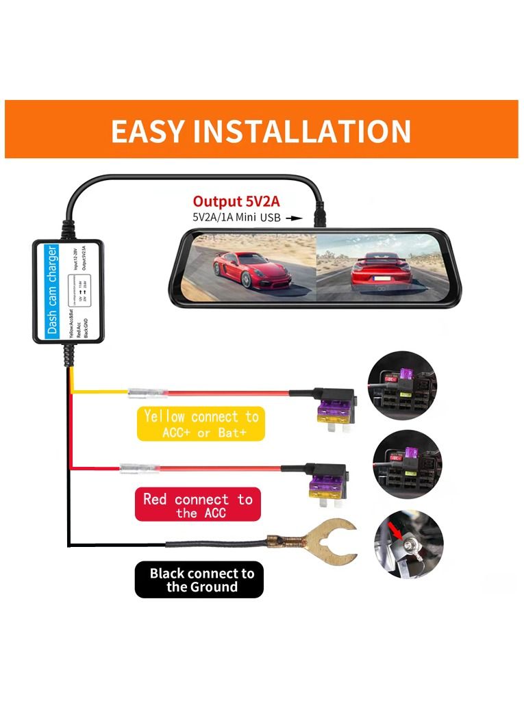 Dash Cam Hardwire Kit Mini USB Hard Wire Kit Fuse for Dashcam and 8 Fuse Tap Cable and Installation Tool 11.5ft 12V-30V to 5V/2A Mini-USB Port Charger Power Cord