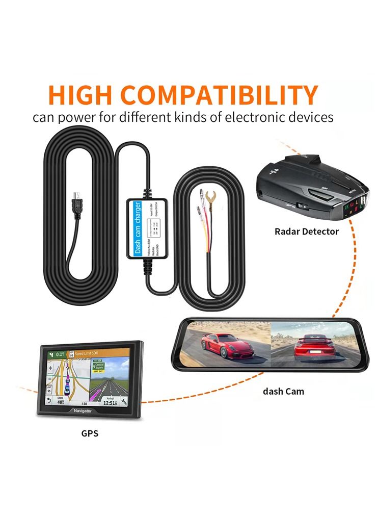 Dash Cam Hardwire Kit Mini USB Hard Wire Kit Fuse for Dashcam and 8 Fuse Tap Cable and Installation Tool 11.5ft 12V-30V to 5V/2A Mini-USB Port Charger Power Cord