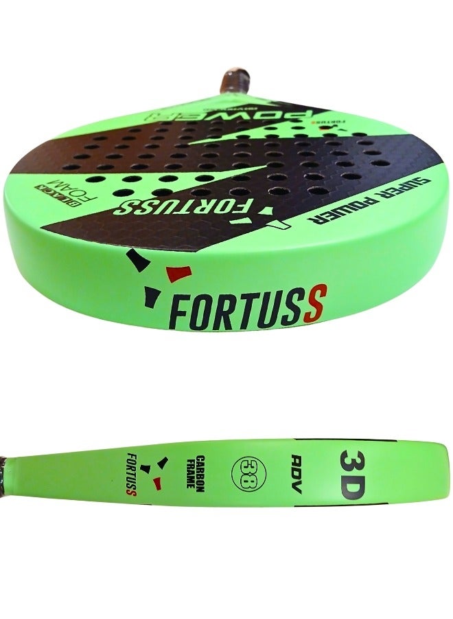 FORTUSS Padel Tennis Racket - Full Carbon Fiber - 3D Hexagon Surface with Light EVA Memory Flex Foam Core - Padel Racquet - Round Shape Paddle Racket with Bag Included (Green)