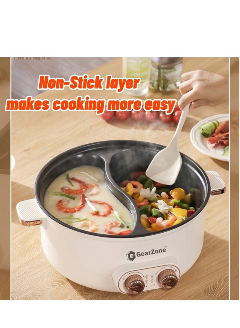 6.5L 1600W Non-Stick Large Capacity Multifunctional Electric Cooking Pot, Double Hot Pot with Independent Temperature Control, 8.6 Bowl Depth, Electric Skillet, Frying Pan, Electric Saucepan, for Noodles, Egg, Steak, Oatmeal and Soup