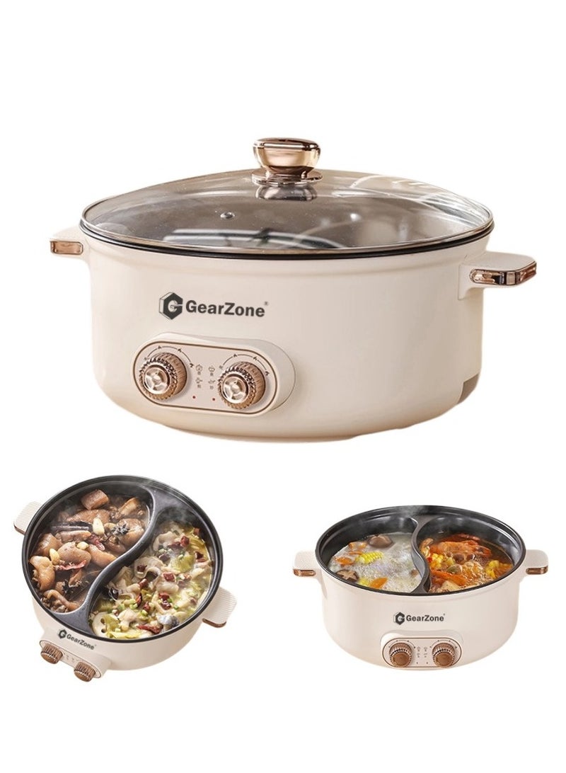 6.5L 1600W Non-Stick Large Capacity Multifunctional Electric Cooking Pot, Double Hot Pot with Independent Temperature Control, 8.6 Bowl Depth, Electric Skillet, Frying Pan, Electric Saucepan, for Noodles, Egg, Steak, Oatmeal and Soup