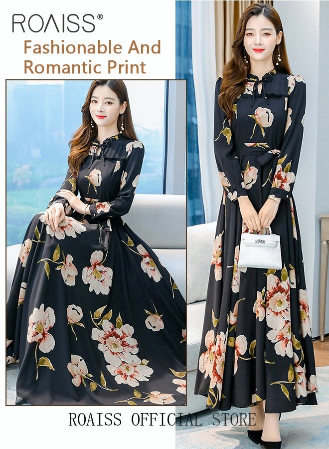 Ladies Dress Waisted Slim Long Sleeve Large Skirt Hem Printed Dress with Belt for Women Ladies Party Ramadan Eid al-Adha