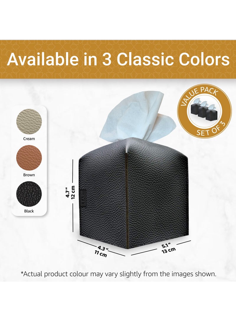 Leather Tissue Box Cover – Home Decorations for Living Room, Bedroom and Office | Car Tissue Holder | Tissue Box Holder for Car | Tissue Box Cover for Car (Black Cube - Pack of 3)