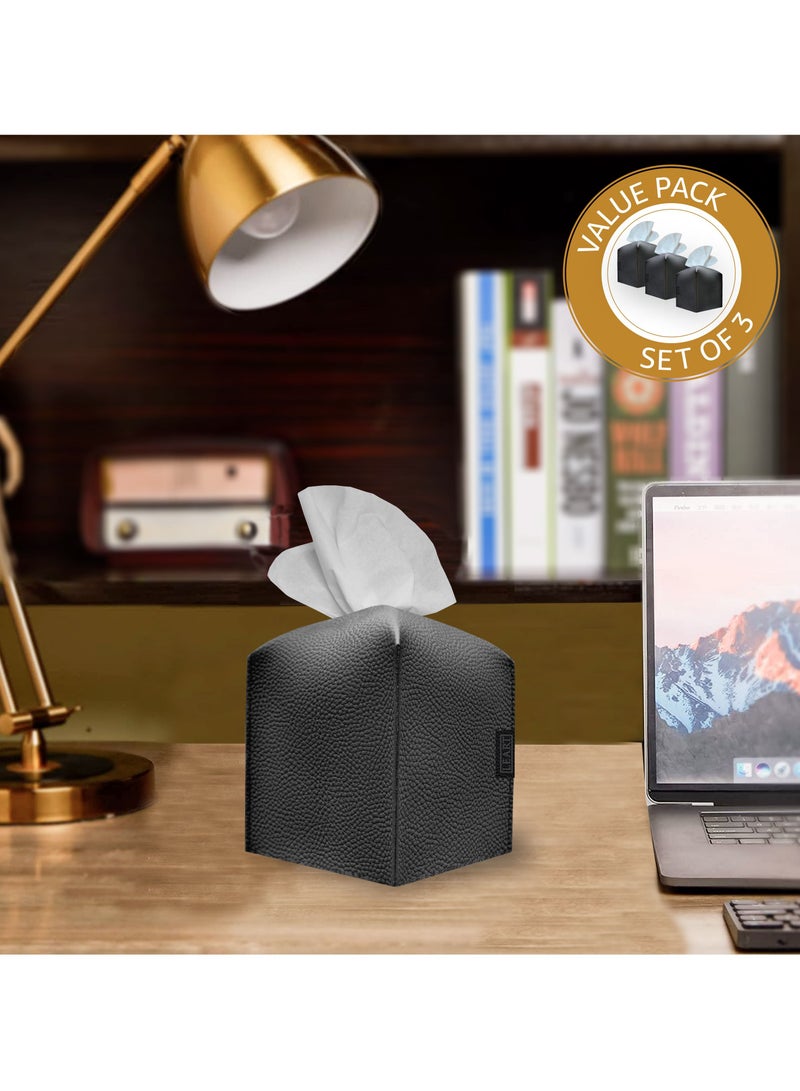 Leather Tissue Box Cover – Home Decorations for Living Room, Bedroom and Office | Car Tissue Holder | Tissue Box Holder for Car | Tissue Box Cover for Car (Black Cube - Pack of 3)