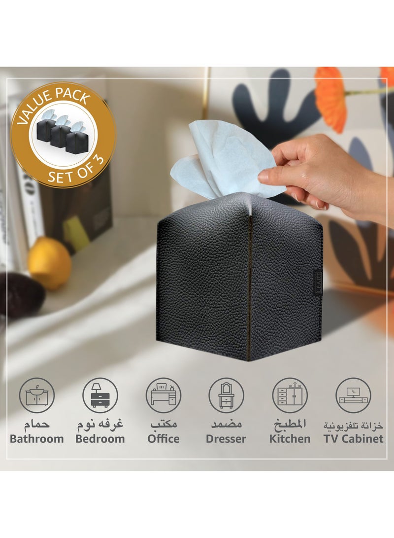 Leather Tissue Box Cover – Home Decorations for Living Room, Bedroom and Office | Car Tissue Holder | Tissue Box Holder for Car | Tissue Box Cover for Car (Black Cube - Pack of 3)