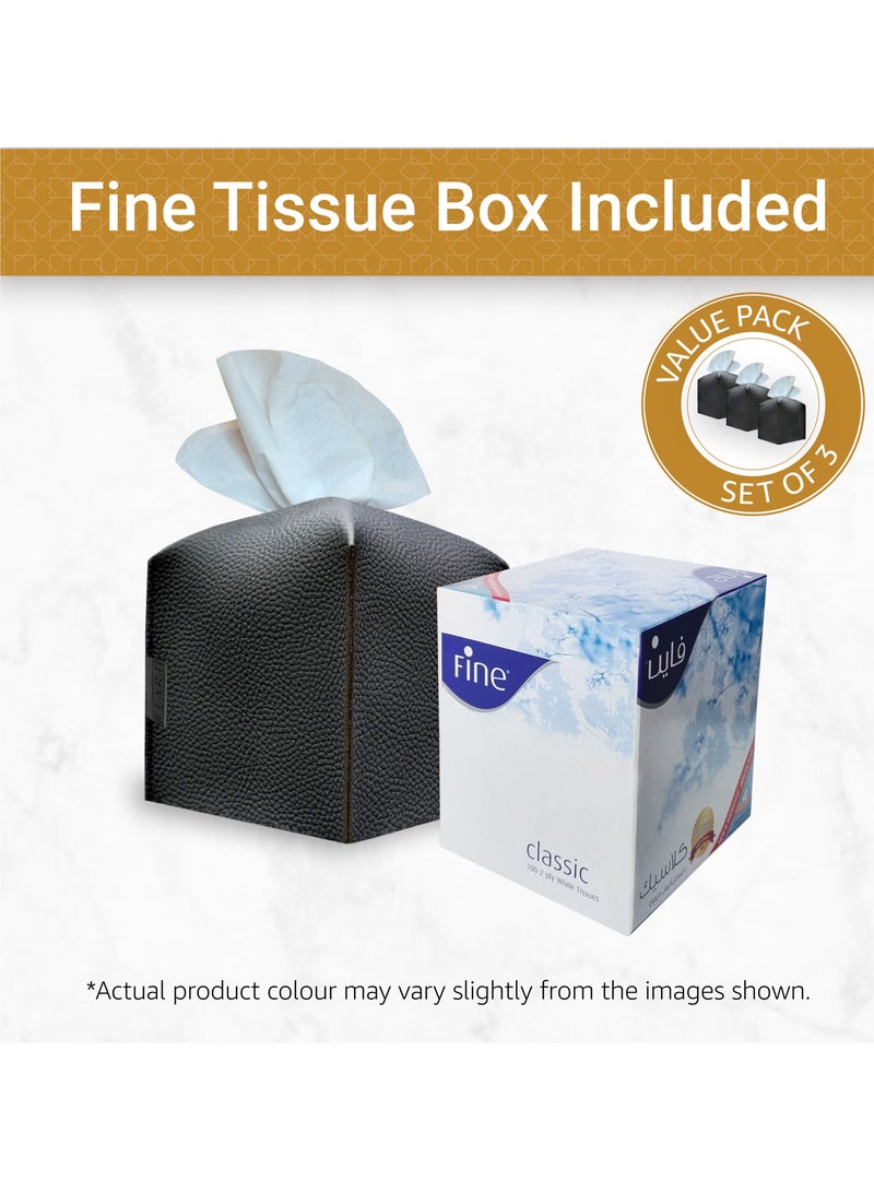 Leather Tissue Box Cover – Home Decorations for Living Room, Bedroom and Office | Car Tissue Holder | Tissue Box Holder for Car | Tissue Box Cover for Car (Black Cube - Pack of 3)