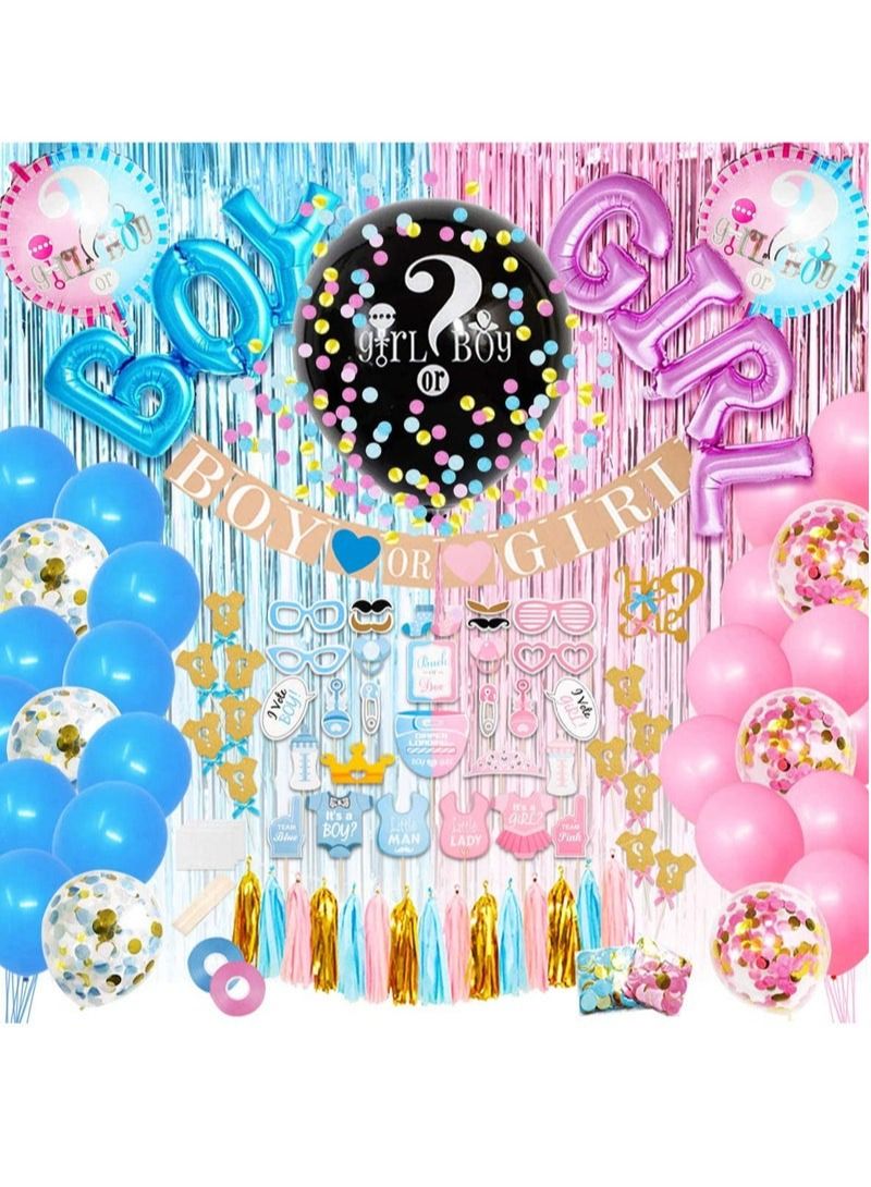 Boy girl reveal party supplies balloons banner foil tassels cake toppers photo props baby shower decoration kit