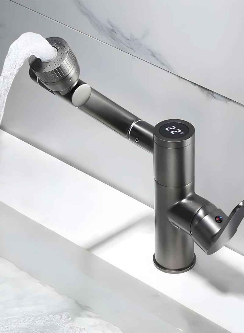 Modern Hot and Cold Basin Faucet, Adjustable Temperature, Single Handle, Ceramic Cartridge (Digital Display, Silver)